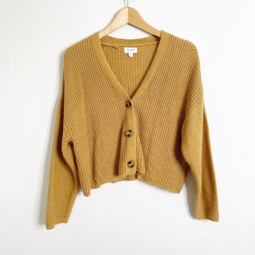 True Craft Womens Mustard Yellow Shaker Knit Cropped Cardigan Sweater XS
